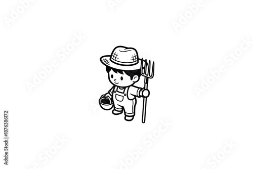 cartoon boy holding pitchfork and bucket in farmer clothes and hat standing alone