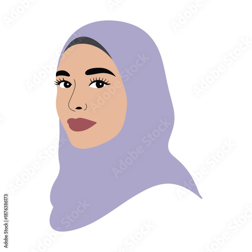 woman wearing purple hijab headscarf looking ahead, vector illustation
