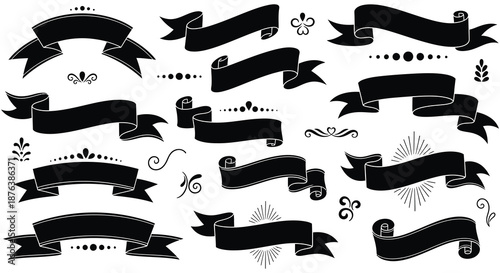 Collection of various black ribbons and decorative elements in silhouette high quality professional detailed modern elegant