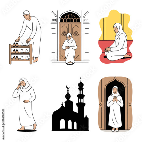 Spiritual Journey: Depiction of Islamic Life: Illustrative panels detailing individuals in prayer, alongside the silhouette of a mosque, portraying serenity and reverence.