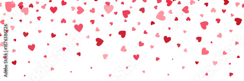 Heart long border. Valentines Day banner. Women Day. Bright hearts confetti falling on white background. Celebration backdrop. 8 March card. Wedding invitation. Vector illustration