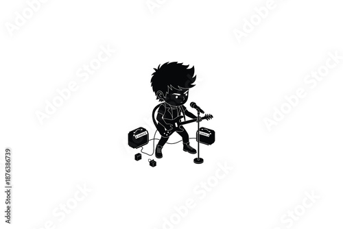 cartoon boy playing electric guitar on stage with amplifier and microphone  rock music performance