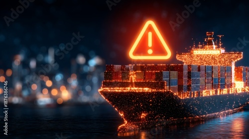 A Futuristic Container Ship with Warning Symbol Highlighted in Neon Glow Against a City Backdrop, Representing Trade, Logistics, and Global Shipping Challenges