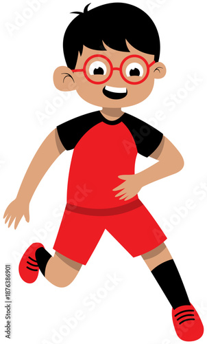 Sporty glasses boy dribbling inside foot soccer technique step 3 without ball illustration. Editable Color Vector