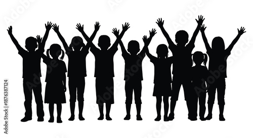 a group of children standing together with raised hands in a black silhouette high quality professional