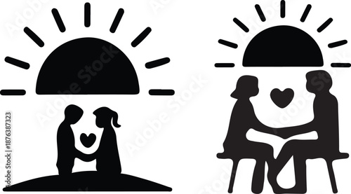 Couple watching sunset on bench Silhouettes