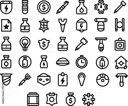 Vector line icons collection featuring financial security industrial tools and creative office symbols for commercial branding design.