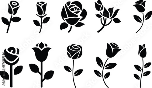 Minimal rose stem with single leaf silhouette collection