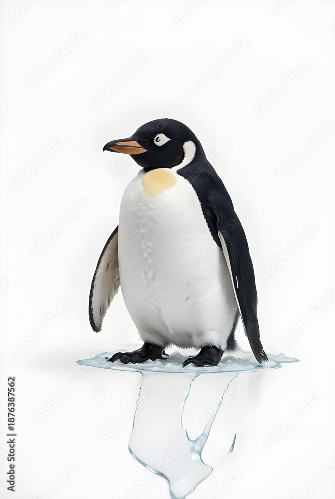 Obraz premium Adelie Penguin Standing on Small Melting Ice Chunk - Isolated on White Background for Environmental Concept