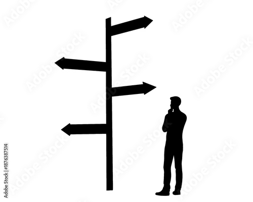 Silhouette of a man looking at a road sign, life choice illustration, vector illustration.

