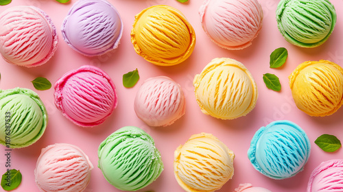 Different ice cream scoop balls on pink background. Many assorted different ice cream flavour. Top view. Colorful cute background for cafe, pastry shop, ice cream shop. Pastel colors.