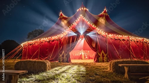Magical nighttime view of a brightly lit circus tent illuminated with spotlights and string lights creating a festive atmosphere