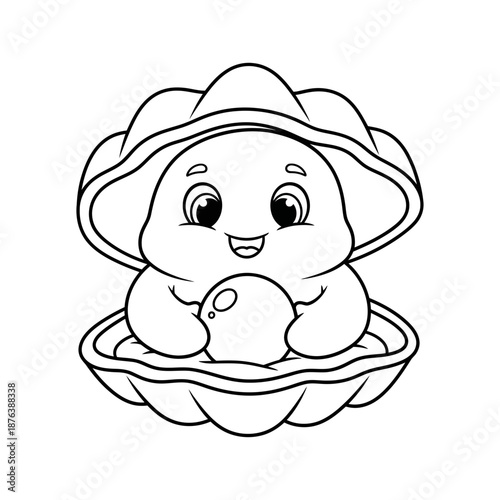 Cute cartoon oyster holding a pearl in a shell, outline drawing