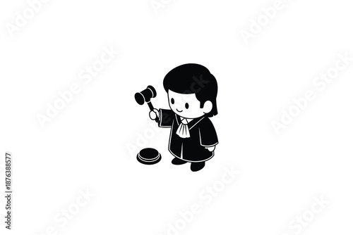 cartoon child holding gavel and striking block in judicial action