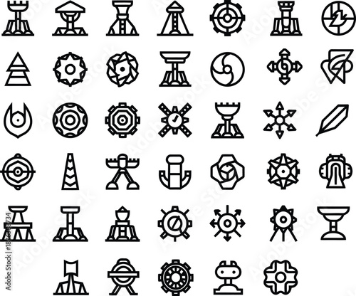 Futuristic space colony defense towers and mining infrastructure icons for sci-fi strategy game and industrial technology projects.
