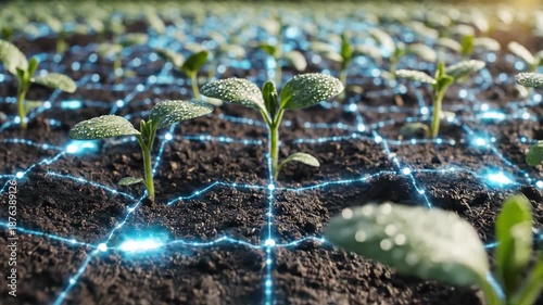 Wallpaper Mural Young Green Sprouts Growing in Dark Soil with Futuristic Blue Digital Network Overlay Torontodigital.ca