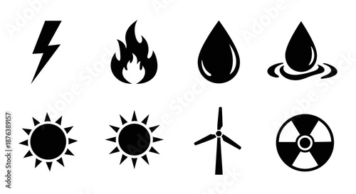 Renewable Energy Icons Black Power Symbols on White Background