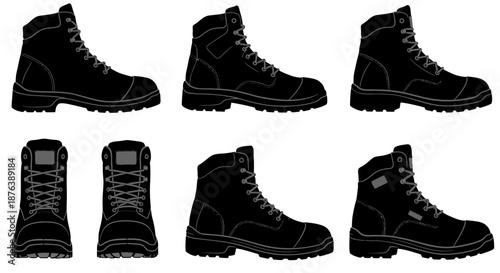 Black Work Boots Collection Heavy Duty Footwear Illustrations
