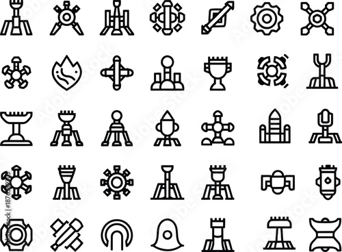 Futuristic space mining line icons and galaxy exploration symbols for industrial technology and science fiction design elements.