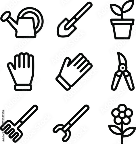 Gardening tool line icon set, minimal black vector illustrations for horticulture and planting