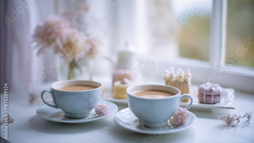 Wallpaper Mural Elegant afternoon tea time setting with tea cups, pastries, and flowers by a sunlit window creating a peaceful ambiance Torontodigital.ca