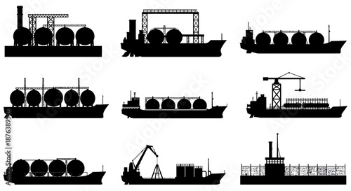 Black Shipping Vessel Silhouettes with Cargo on White Background