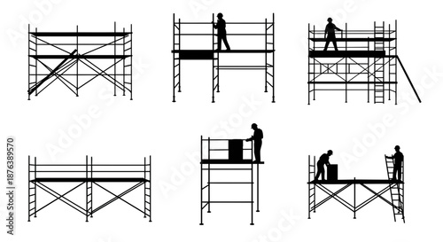 Construction Workers Silhouettes on Scaffolding on White Background