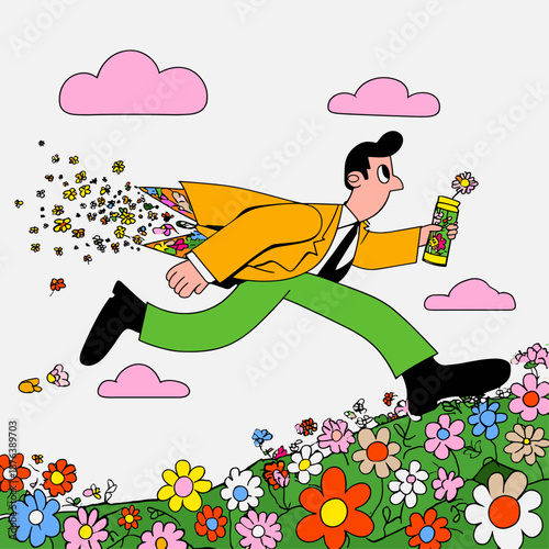 Whimsical Springtime Scene with a Kite and Colorful Flowers