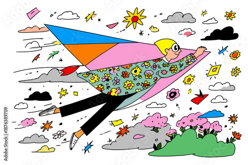 Whimsical Springtime Scene with a Kite and Colorful Flowers
