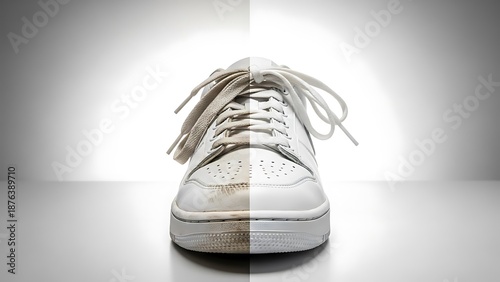 A before and after comparison of a dirty white sneaker being cleaned to a pristine condition