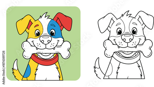 Cute cartoon dog holding a bone. Vector illustration of a happy puppy character. Colorful version and black and white outline for coloring book page.
