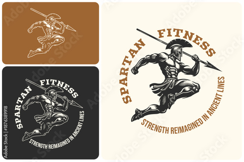 Spartan warrior jump with spear Sword for Fight sport Club or Empire Battle Game Emblem Label Vintage vector logo design