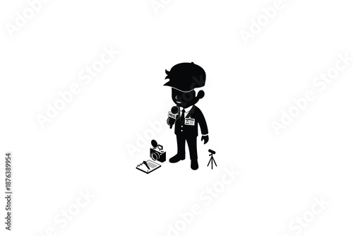 cartoon journalist with microphone and camera equipment standing alone