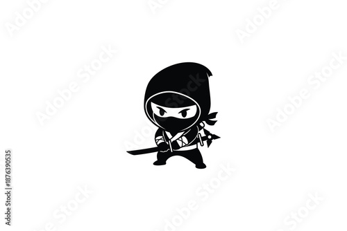 Cartoon ninja warrior with sword and mask standing in powerful stance one sentence