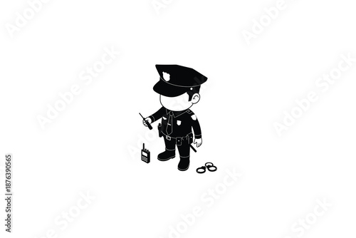 cartoon police officer with radio and handcuffs standing alone in uniform