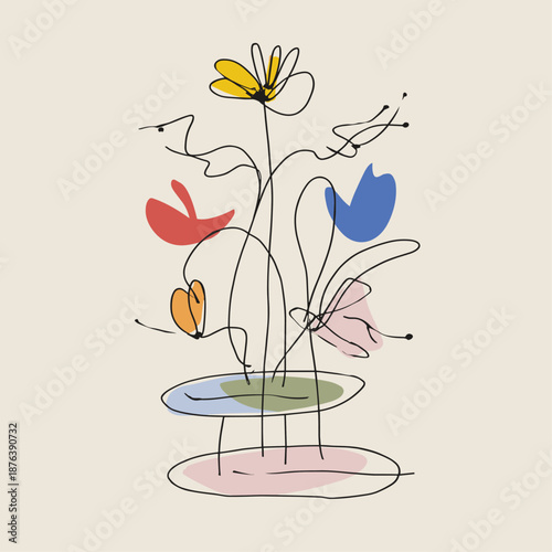 Colorful Abstract Flower Arrangement with Bold Line Art