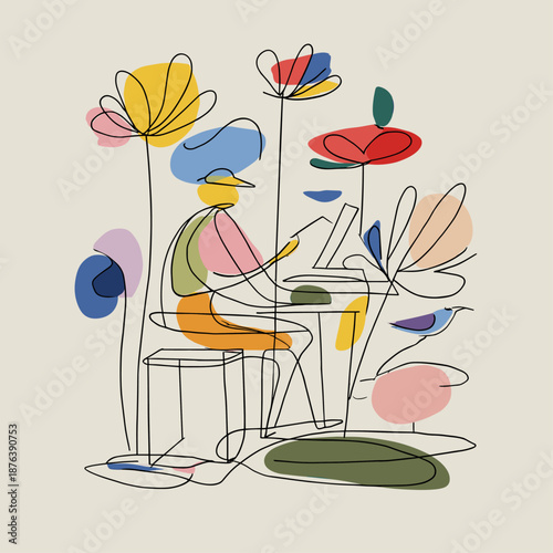 Colorful Abstract Flower Arrangement with Bold Line Art
