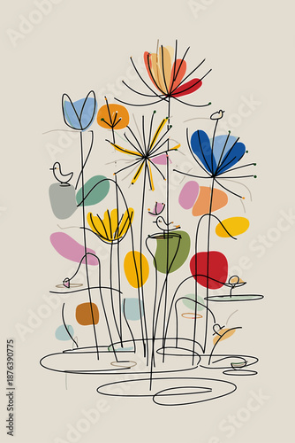 Colorful Abstract Flower Arrangement with Bold Line Art