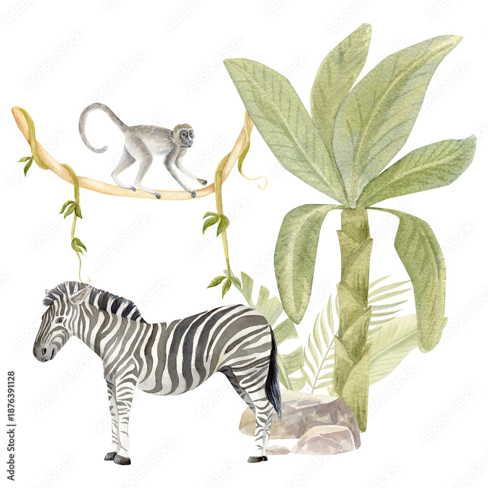 Fototapeta premium Hand-painted watercolor zebra with banana tree and monkey climbing a vine. Ideal for safari-themed art, wildlife prints, nursery decor, tropical jungle designs, and exotic animal collections.