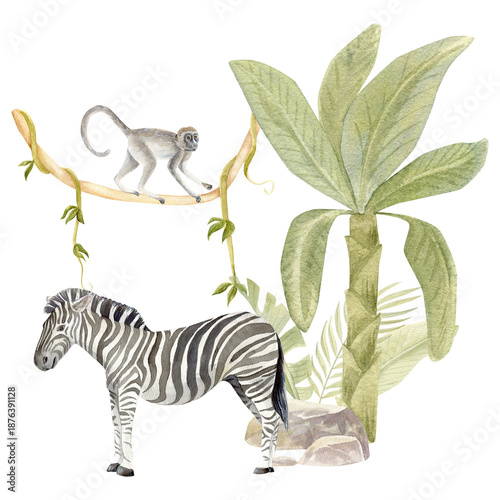Hand-painted watercolor zebra with banana tree and monkey climbing a vine. Ideal for safari-themed art, wildlife prints, nursery decor, tropical jungle designs, and exotic animal collections.