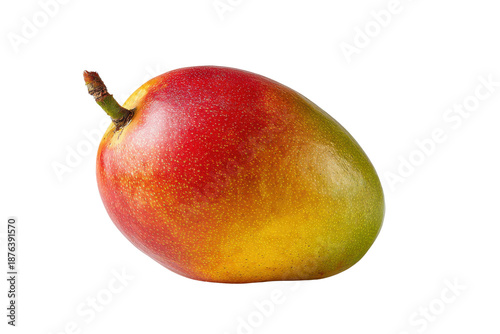 Ripe red and yellow mango fruit with stem on black background image 1