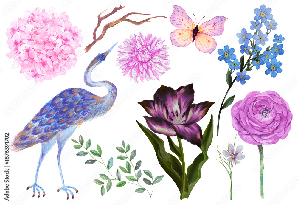 Fototapeta premium Chinoiserie antique watercolor style bird peonies trees and flowers. exotic forest garden greenery isolated elements
