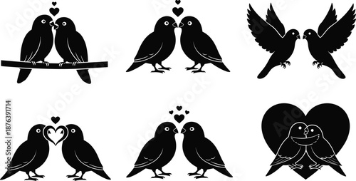 Romantic bird couple silhouettes with heart symbols, perfect for Valentine’s Day, love themes, wedding designs, and affectionate vector compositions.
