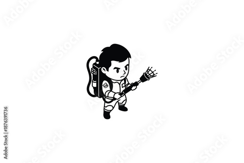 chibi character with electric guitar and amplifier on back in white space