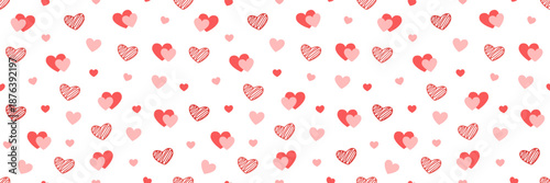 Valentines Day banner. Heart long pattern. Women Day. Bright hearts confetti falling on white background. Celebration bg. 8 March card. Wedding invitation border. Vector illustration