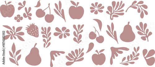 Botanical and fruit icon set vector illustration with apples, cherries, leaves, and flowers in reddish-brown for nature and decorative themes