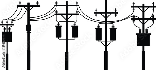 Electric utility poles with transformers and power lines, electrical distribution infrastructure, industrial energy network, black and white vector illustration