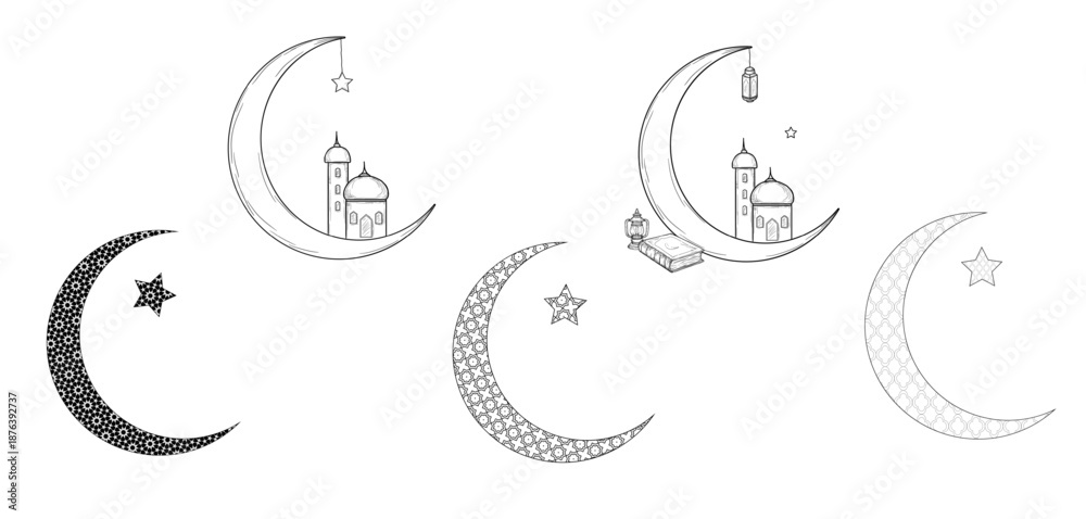 Fototapeta premium Collection of Islamic and Ramadan themed crescent moons including stars and lantern, mosque, rosary and Quran. Vector illustration. Set of silhouettes with Arabic pattern isolated on white background