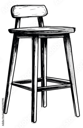 Hand drawn line art illustration of a bar stool depicting its classic form for a kitchen or cafe interior