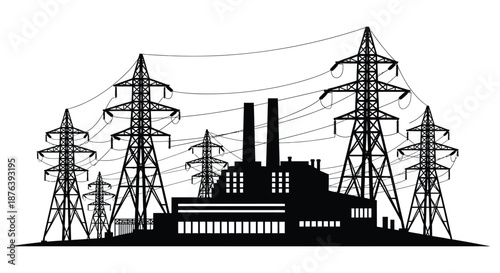 industrial power plant with transmission towers and lines silhouette high quality professional detailed modern elegant stylish